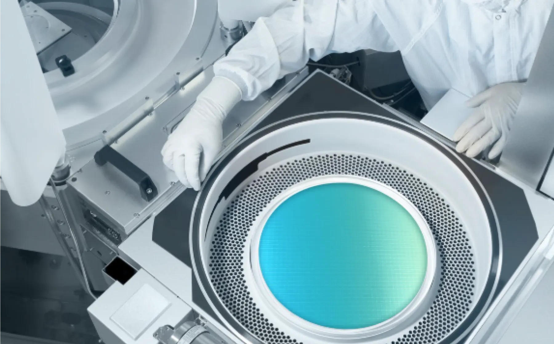3.Semiconductor lithography machine equipment, technician with white clean gloves operating machine, blue-green silicon wafer inside, chip photolithography process scene