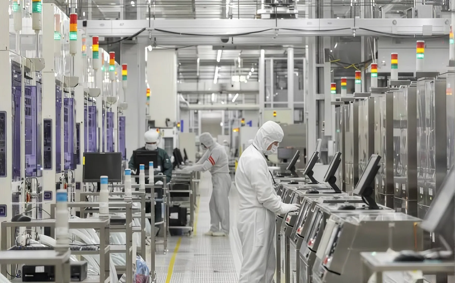 2.Dust-free workshop of chip factory, multiple technicians in white clean suits operating automated production line equipment, modern semiconductor manufacturing production line