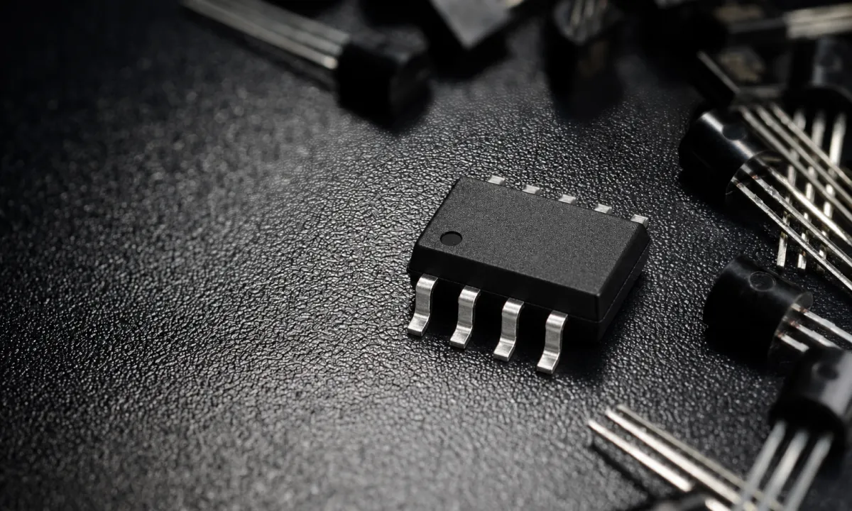 STST AC-DC power management IC in SOP-8 package on a dark workbench surrounded by discrete transistors