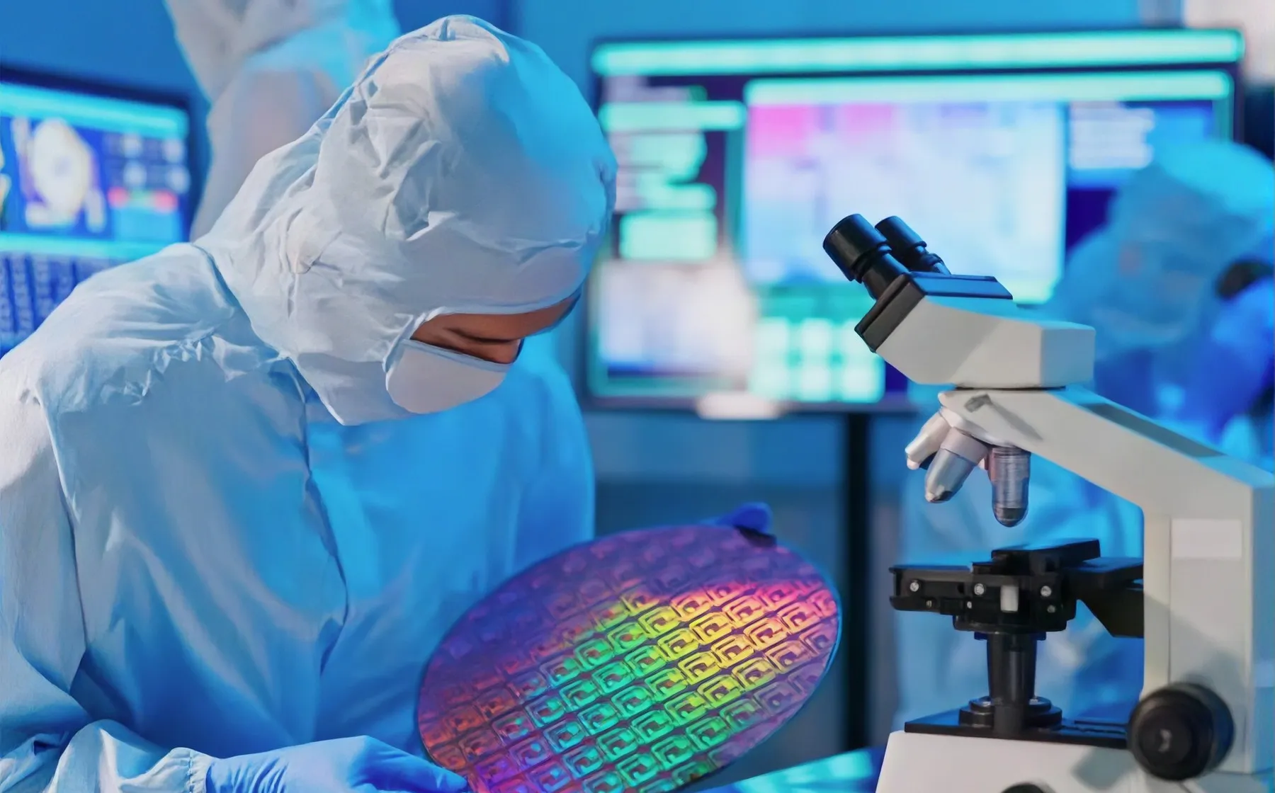 1.Semiconductor cleanroom, engineer in blue cleanroom suit holding colorful silicon wafer, microscope beside, monitoring screens in background, chip R&D inspection scene