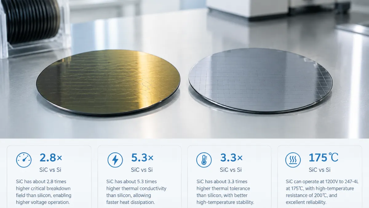 SiC vs silicon key material parameters: ~2.8x bandgap, ~5.3x critical field, ~3.3x thermal conductivity
